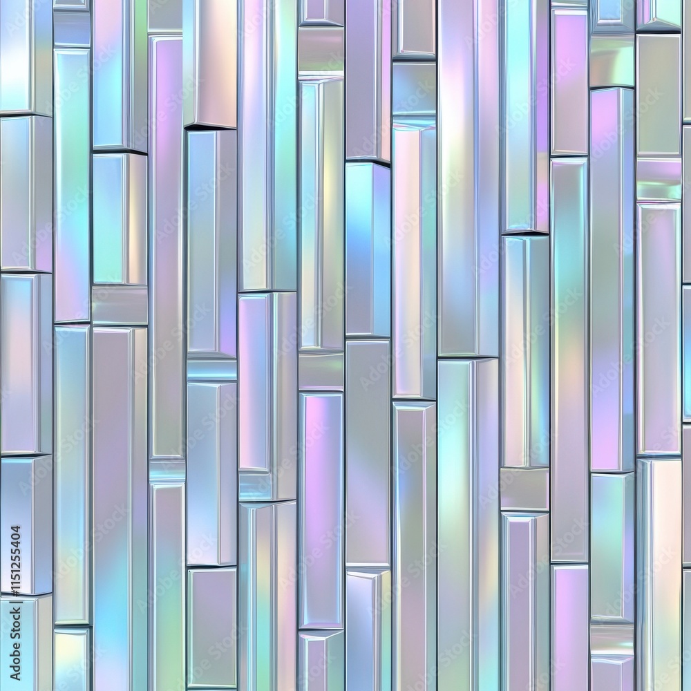Poster an abstract pattern of iridescent rectangular shapes, reflecting a variety of colors in a contempora