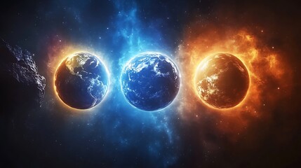Obraz premium Three planets orbiting the Earth dark blue background