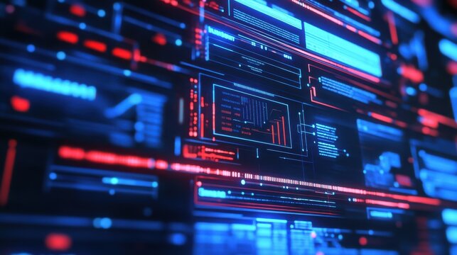 Futuristic digital interface displaying complex data visualizations in blue and red tones.