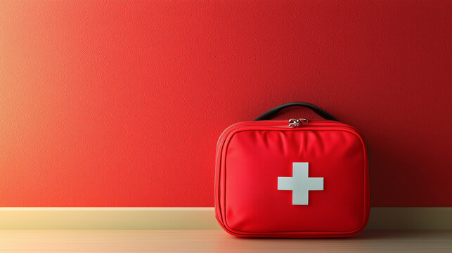 Apteczka pierwszej pomocy w intensywnym czerwonym kolorze spoczywa na podłodze, podkreślając gotowość do działania w sytuacjach awaryjnych.