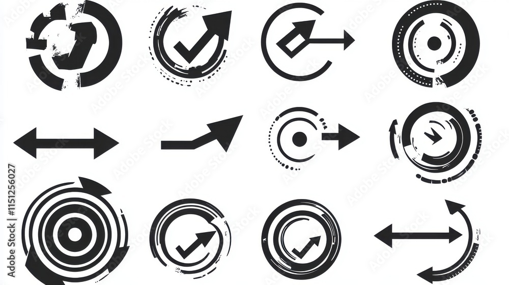 Poster a collection of bold black and white arrow and circular vector icons with dynamic designs, perfect f