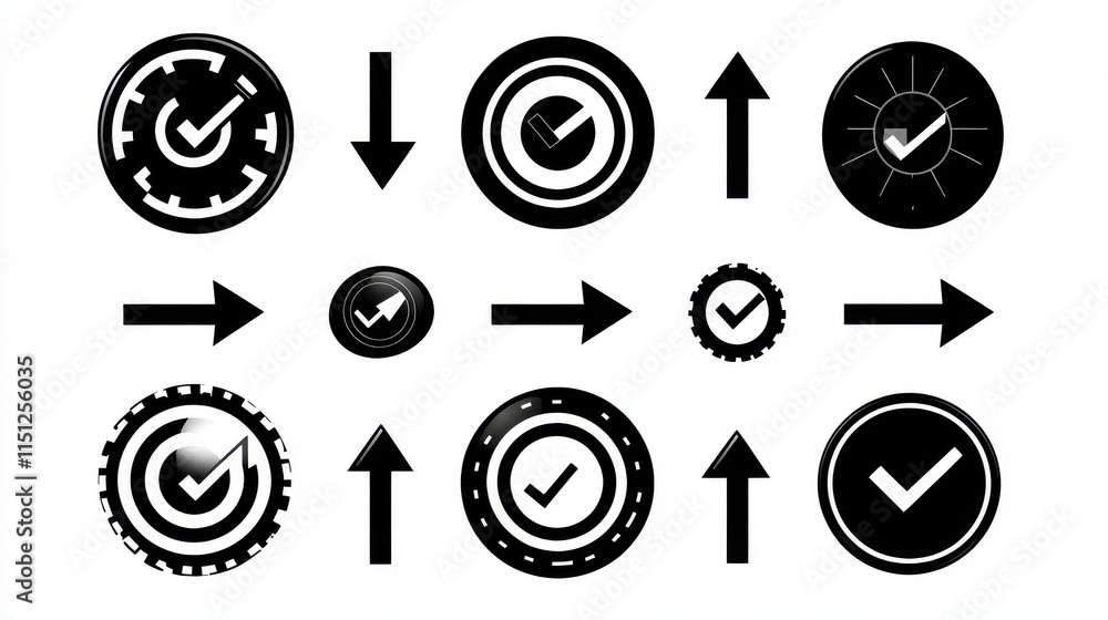 Poster a collection of black and white checkmark icons and directional arrows, symbolizing progress and com
