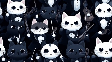 Cats in tuxedos and dresses performing as an orchestra in an elegant concert hall, holding miniature violins and cellos, floating sheet music and intricate lighting, majestic and whimsical,