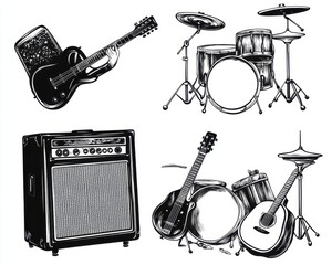 Naklejka premium Illustration of musical instruments including an electric guitar, drums, and amplifiers, showcasing a rock band vibe.