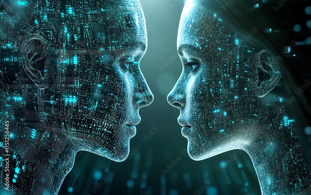 Poster a sophisticated digital network of people and machines interacting, creating a seamless blend of hum
