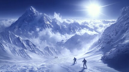 Snowboarders speeding down a snowy slope, breathtaking view of mountains, bright winter sun shining down