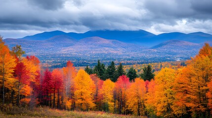 Vibrant autumn landscape with colorful trees against a mountain backdrop.