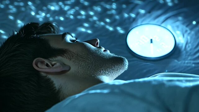 Insomniac Staring at Ceiling with Glowing Alarm Clock in Dark