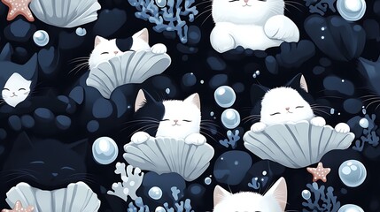 Cats lounging on giant seashells in a serene underwater paradise, surrounded by colorful coral, shimmering bubbles, and glowing starfish, soft light creating a dreamlike atmosphere, hd quality.