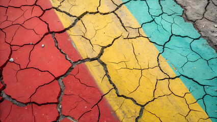 Rugged cracked paint background featuring bold reds, yellows, and cyan accents for artistic and textured visuals