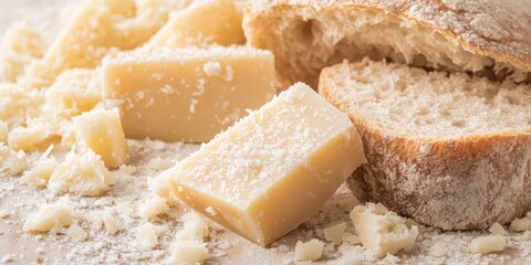 Delicious pieces of Parmesan cheese paired with fresh bread create a tempting treat against a light background, showcasing the delightful combination of Parmesan cheese and bread.