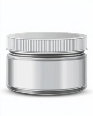 An empty silver cosmetic jar with a reflective surface and a ribbed lid, showcasing its sleek design and versatility.