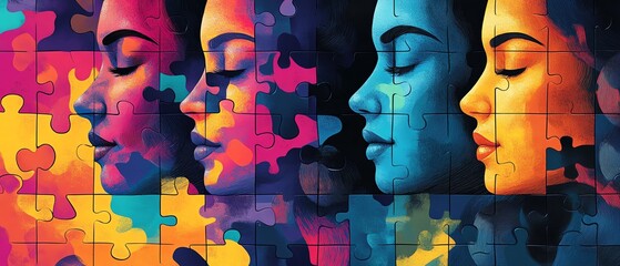 A vibrant illustration featuring womens faces interlocked by intricate puzzle pieces, symbolizing diversity and unity in design