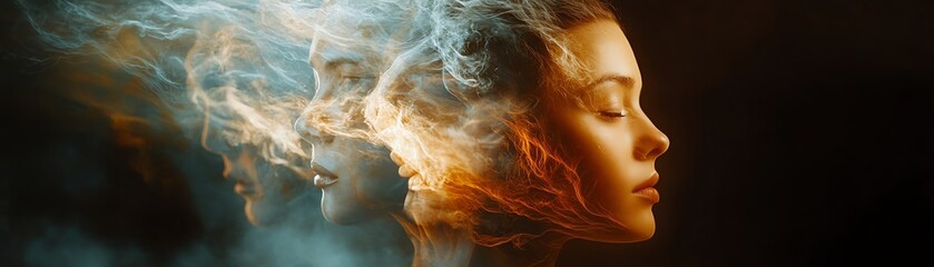 A woman s face displayed on a computer screen, engulfed by a whirlwind of different faces, symbolizing the chaos and confusion of the mind