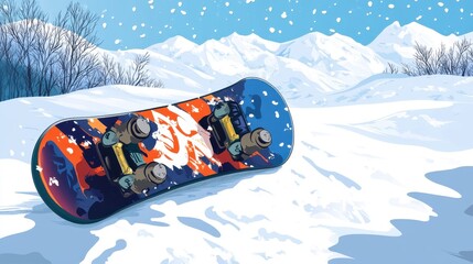 A vibrant snowboard rests on untouched snow, surrounded by serene mountains, embodying winter sports excitement.