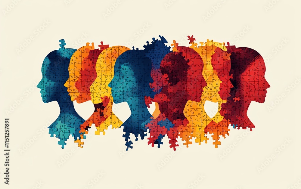 Fototapete an artistic illustration of womens profiles interwoven with puzzle pieces, symbolizing the intricate