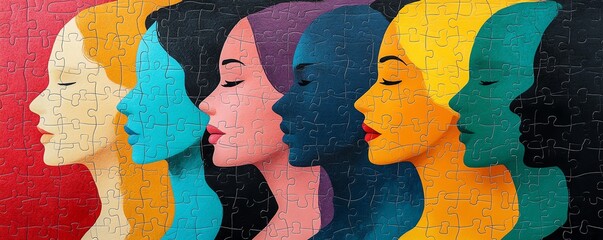 An artistic composition of womens profiles seamlessly intertwined with puzzle pieces, celebrating unity in diversity and depth