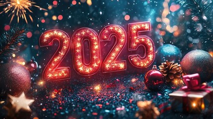 Bold "2025" numbers with festive fireworks and celebration elements in a dazzling New Year's scene. New Year typography poster