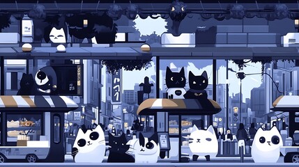 Cats sitting atop colorful city food carts, surrounded by bustling pedestrians and glowing streetlights, vibrant evening colors, urban energy, detailed textures and dynamic lighting, hd quality.