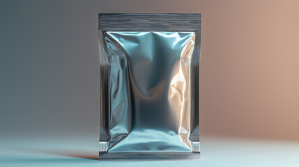 lear resealable poly bag filled with Coenzyme Q10 powder, sleek gray backdrop, sharp lighting for a contemporary and luxurious feel