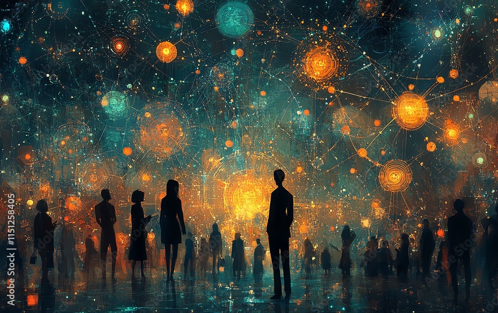 Poster an intricate web of interconnected people and machines, symbolizing the fusion of human and technolo