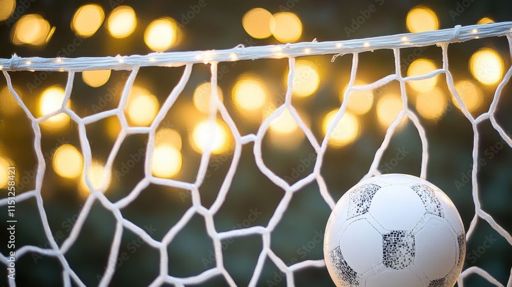 Poster a close-up of a soccer ball resting in a net, illuminated by soft golden bokeh lights in the backgro