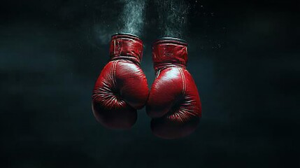 Red boxing gloves hanging with dust on a dark background.