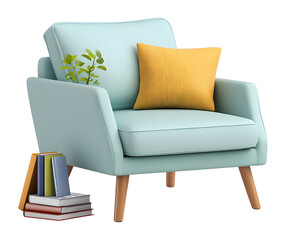 Cozy reading corner with stylish chair and books modern living room home decor bright environment eye-level view comfort and style