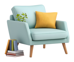 Cozy reading corner with stylish chair and books modern living room home decor bright environment eye-level view comfort and style