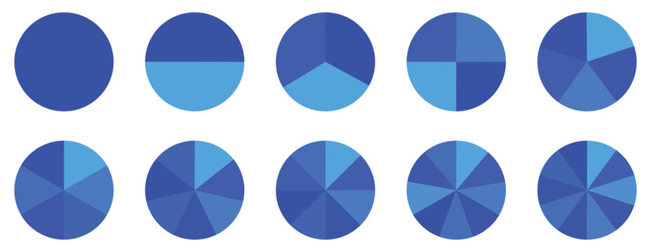 Pie chart set, segmented circle icons, circle diagram with sections or parts, vector. Pie chart infographic set. Circle diagram collection with sections or part. Segmented circle icons for infographic