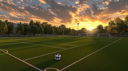 A tranquil sunset over a soccer field with a lone ball resting on the grass, evoking a sense of calm and possibility.