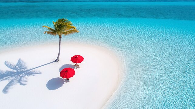 Tropical beach aerial, with white sand, turquoise water, palm tree, and red umbrellas.