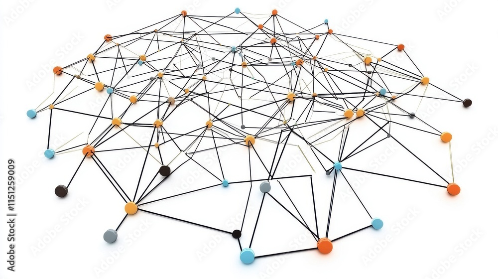 Poster abstract illustration of a network structure with interconnected nodes in vibrant colors, symbolizin