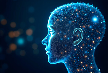 Obraz premium A human head constructed from a vast network of interconnected dots and lines. Represent artificial intelligence or the digital realm. Ai genertaed.