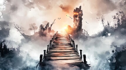 enigmatic bridge to a fog-covered island: a cinematic hdr poster for sports interiors, featuring distant bright lights that inspire adventure and mystery.