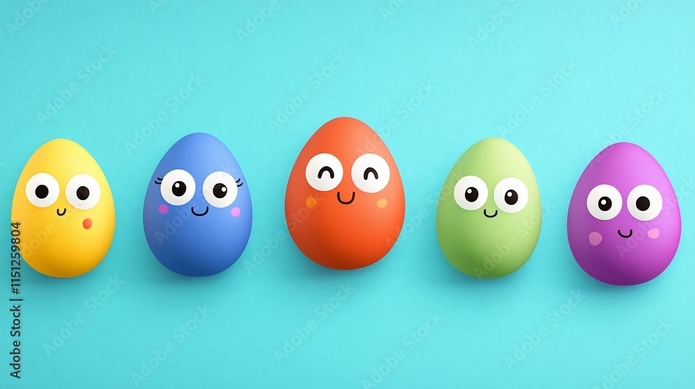 Poster row of colorful eggs with smiling faces. the eggs are arranged in a line, with each one having a dif
