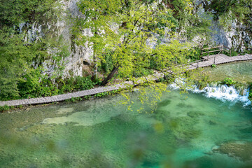 Plitvice Lakes National Park. Croatia. Big waterfalls. Nature travel background. Beautiful nature....