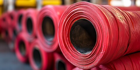 Red fire hose rolled neatly, ensuring fire equipment and extinguishers are readily accessible for immediate use in case of emergencies involving fire. Fire hose prepared for quick action.