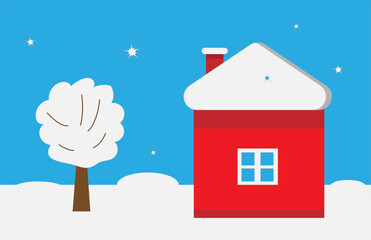 red house snow roof tree nearby , 