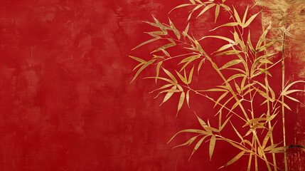 Gold Bamboo on Red Textured Background
