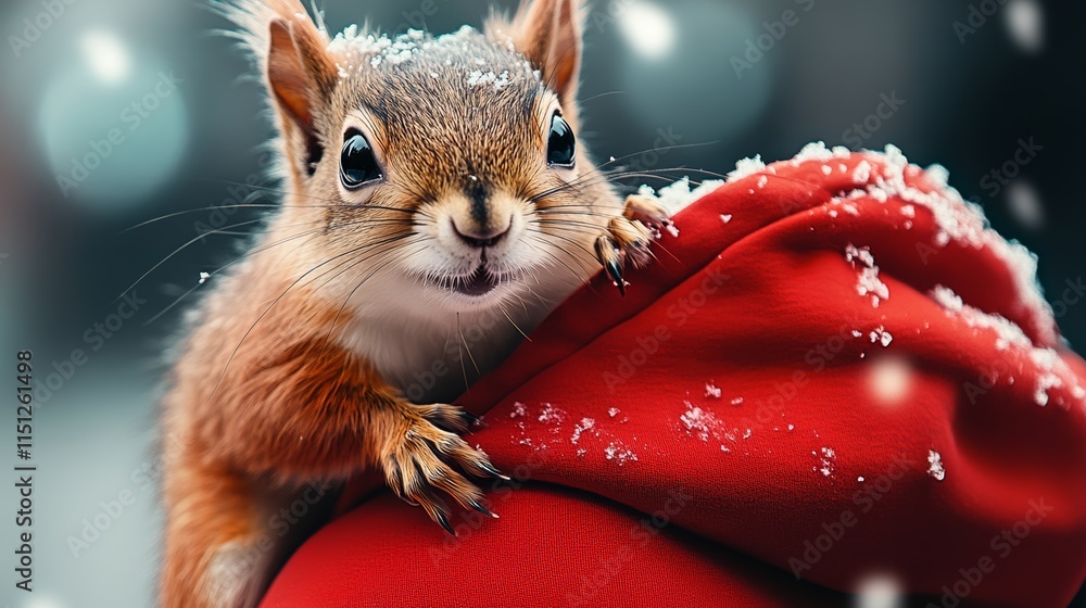 Poster small squirrel is sitting on a red blanket. the scene is set in winter, with snow on the ground and 