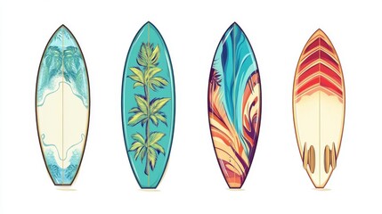 Four vibrant and artistic surfboards featuring tropical designs and colorful patterns, perfect for beach enthusiasts.