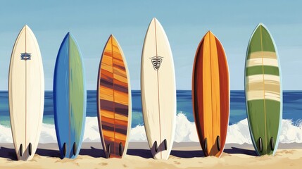 Colorful surfboards lined up on a sandy beach, reflecting a vibrant summer vibe by the ocean.