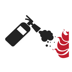 isolated glyph pictogram icon of fire extinguisher, for safety firefight safety hazard sign with  fire, flame symbol