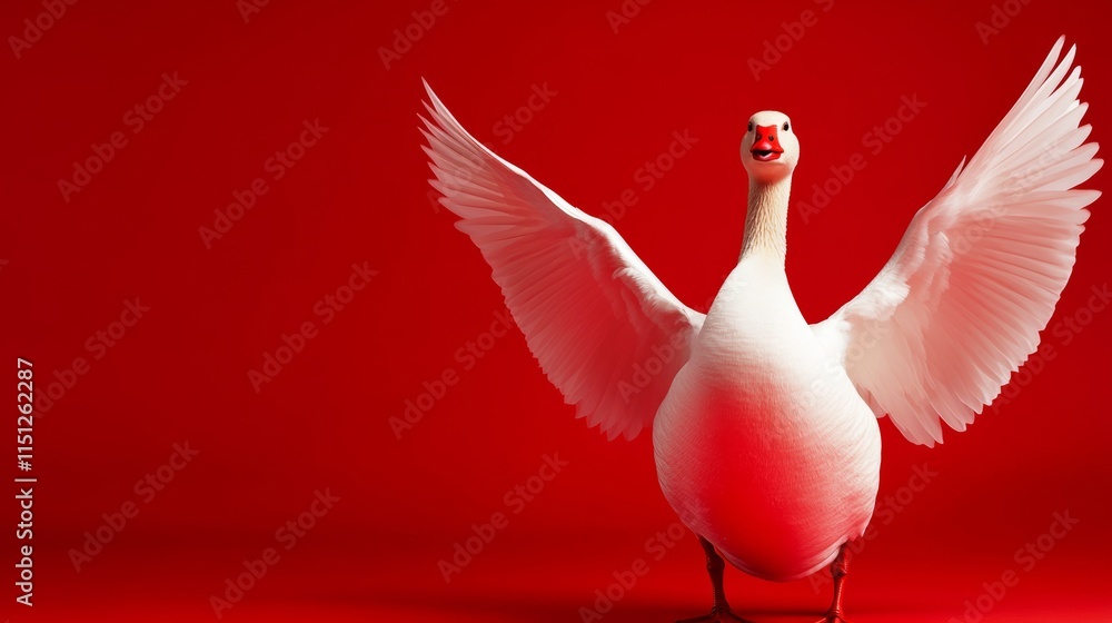 Aufkleber white duck with red beak and red feathers is standing on a red background. the duck is looking up an