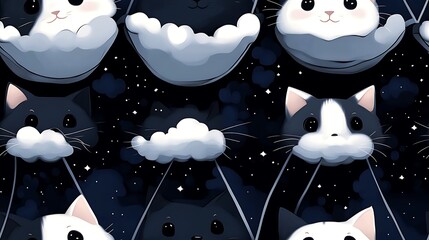 Obraz premium Cozy cats nestled in tiny hammocks hanging among twinkling stars and floating clouds, a soft glowing moon casting gentle light, serene and magical vibe, hd quality, intricate details.