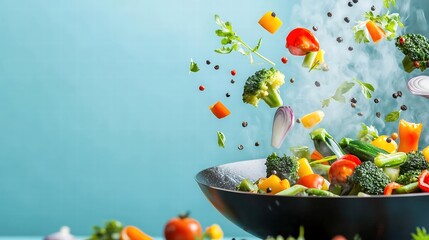 Freeze motion of a wok pan with colorful vegetables flying in the air and steam rising, vibrant background with copy space for text, balanced composition,