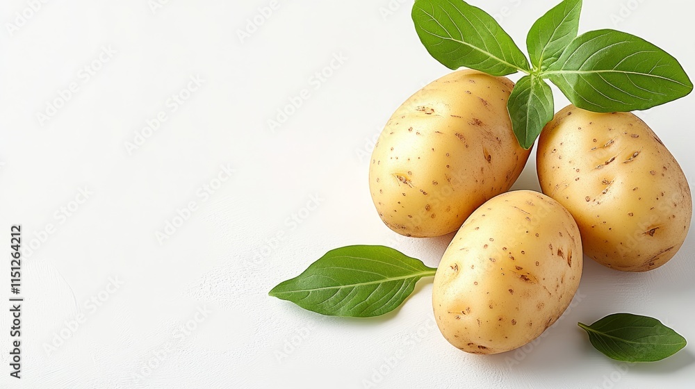 Poster three potatoes are sitting on a white background with green leaves. the potatoes are all different s