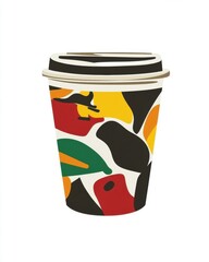 Colorful coffee cup design featuring abstract shapes and patterns in vibrant hues.