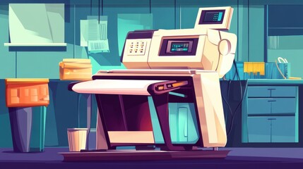 A sleek, modern printer in a vibrant, contemporary office environment, showcasing blue and green hues.